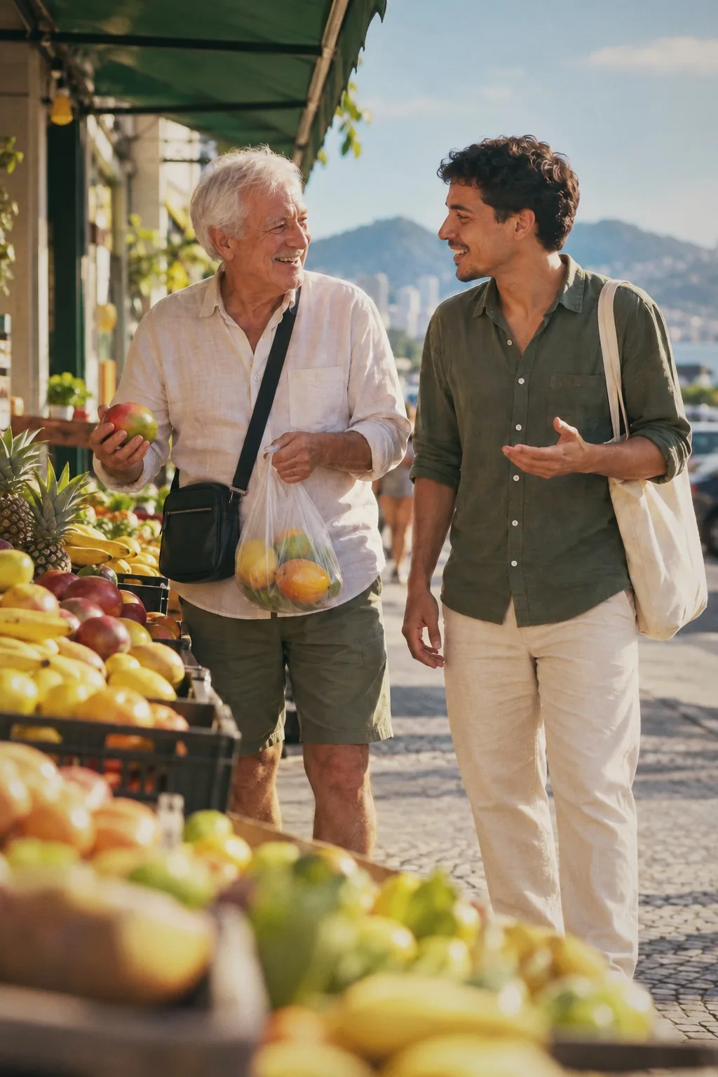 Um senhor de cabelo branco e um jovem de camisa verde conversam e riem ao lado de uma banca de frutas, numa rua de Florianópolis.